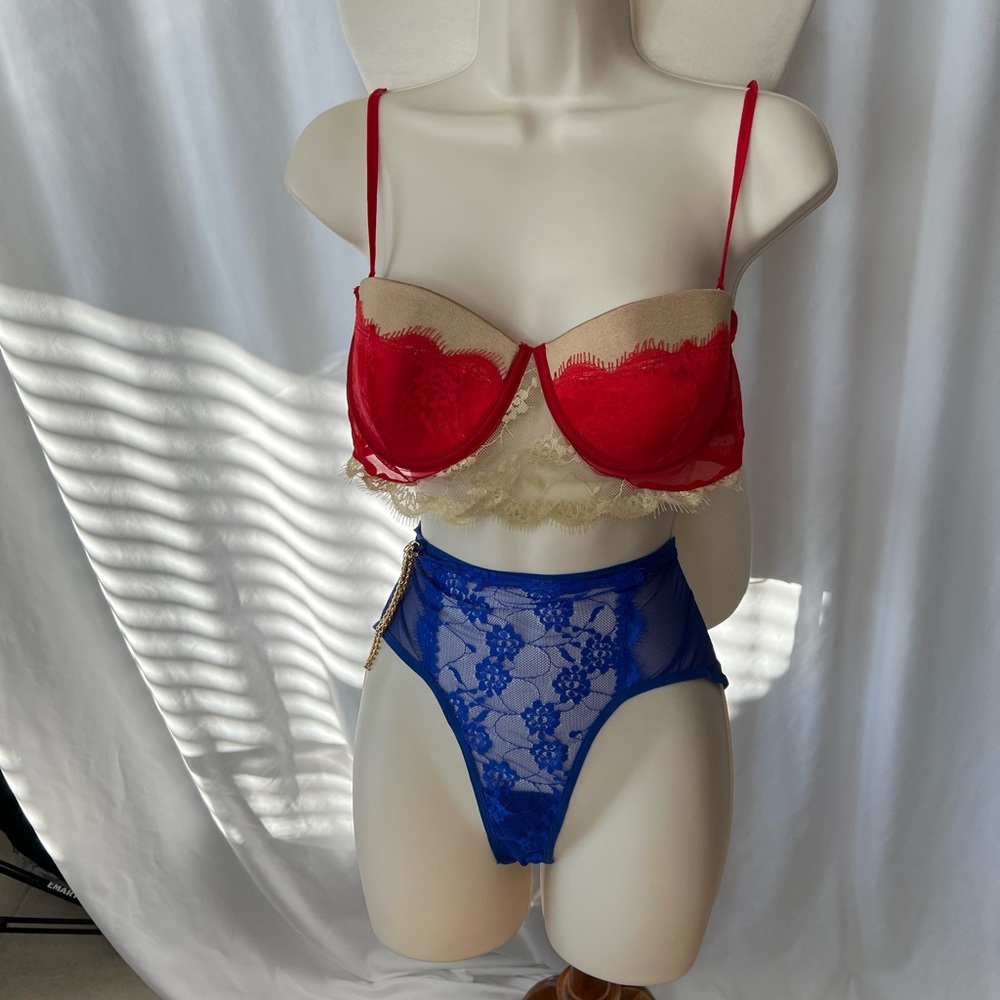 🔥 Yandy Red, Blue & Gold Lace Lingerie Set w/ Cuffs + Headband XL 🔥